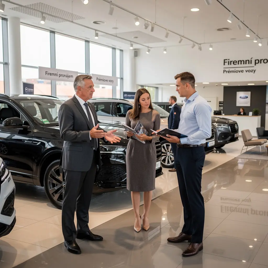 Snímek moderní flotily vozidel připravených pro firemní zákazníky.